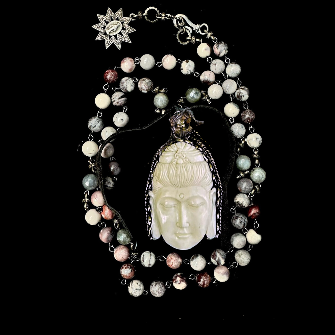Limited Edition Carved Repousse Silver Buddha in Porcelain Jasper Necklace