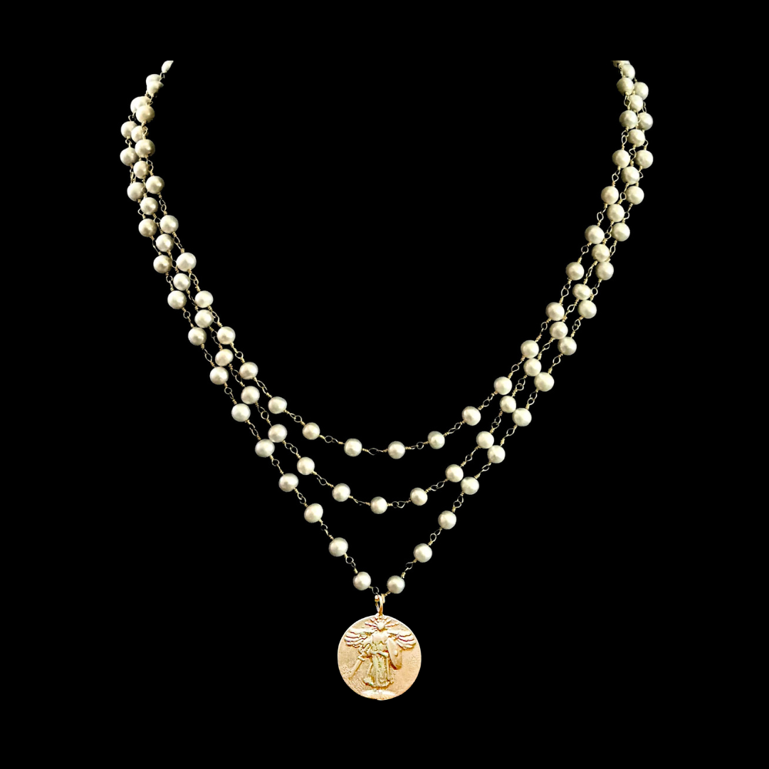 Petite Saint Michael Peace Angel Trinity Freshwater Pearl Necklace - Gold