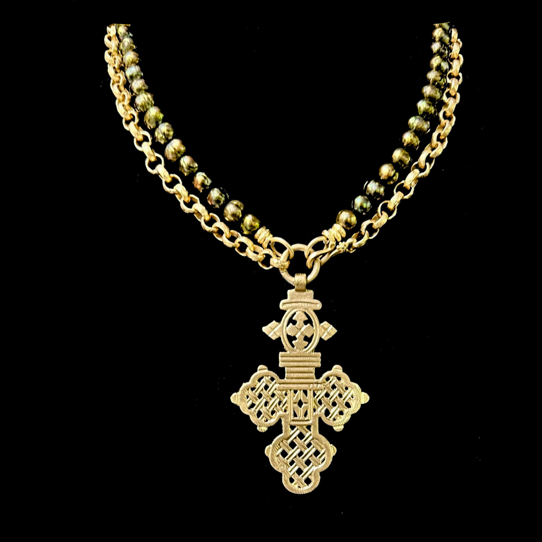 Alexandria Coptic Cross Necklace in Faceted Olive Pearls