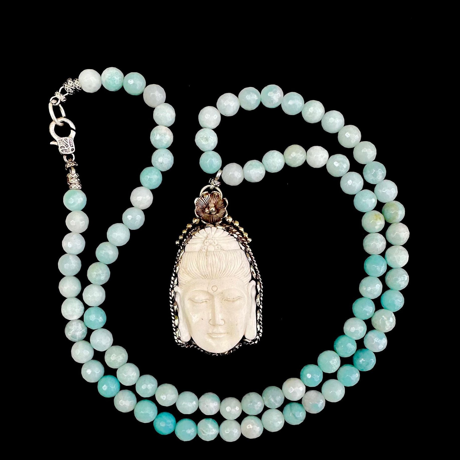 Limited Edition  Carved Repousse Silver Buddha in Faceted Amazonite Necklace