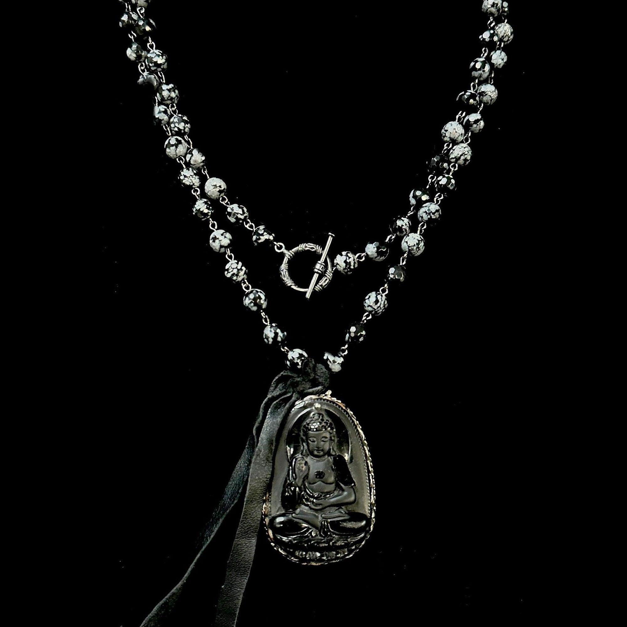 Limited Edition Carved Repousse  Buddha in Black & Snowflake Obsidian Necklace