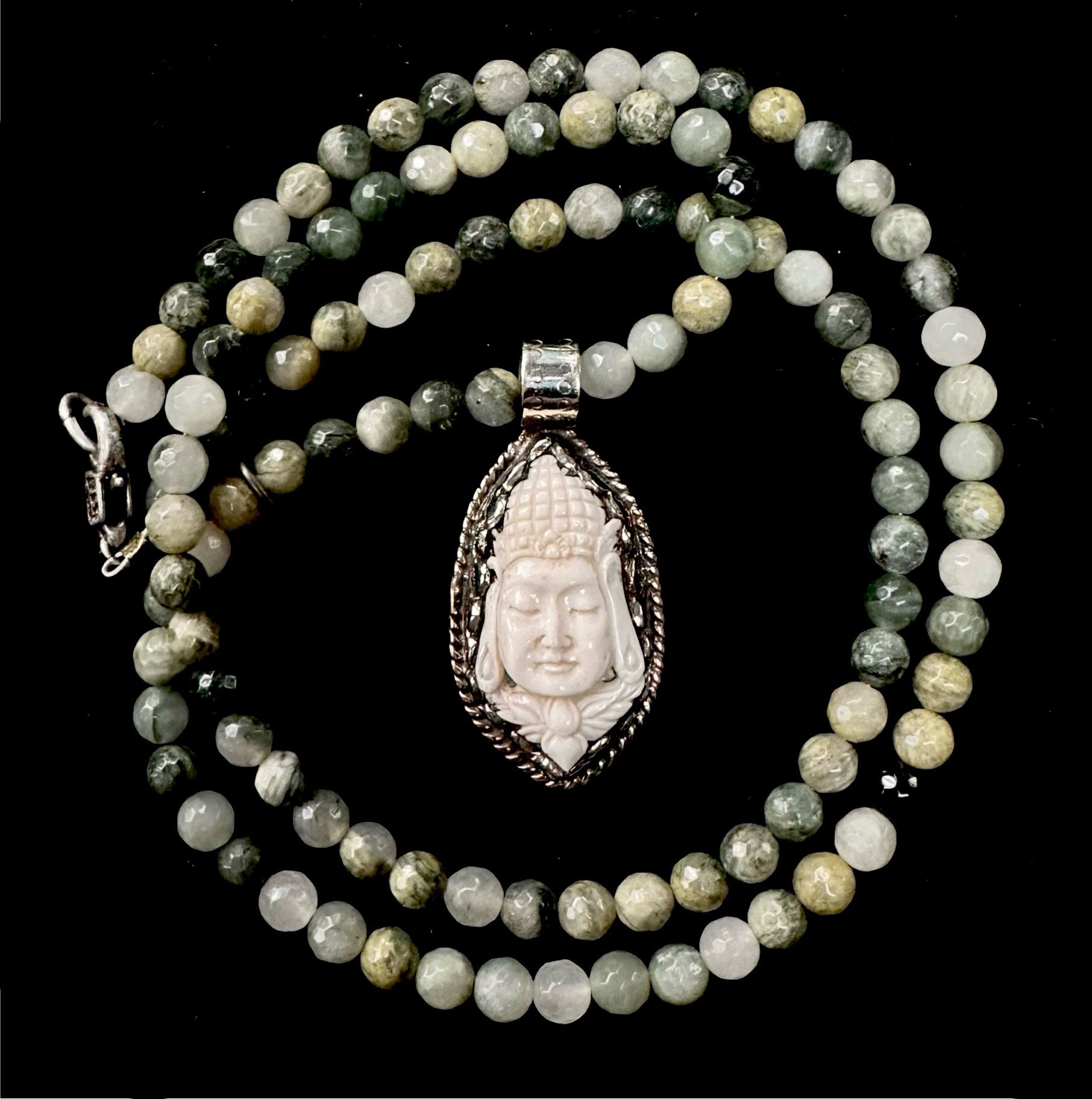 Limited Edition  Carved Repousse Silver Little Buddha in Seaweed Agate