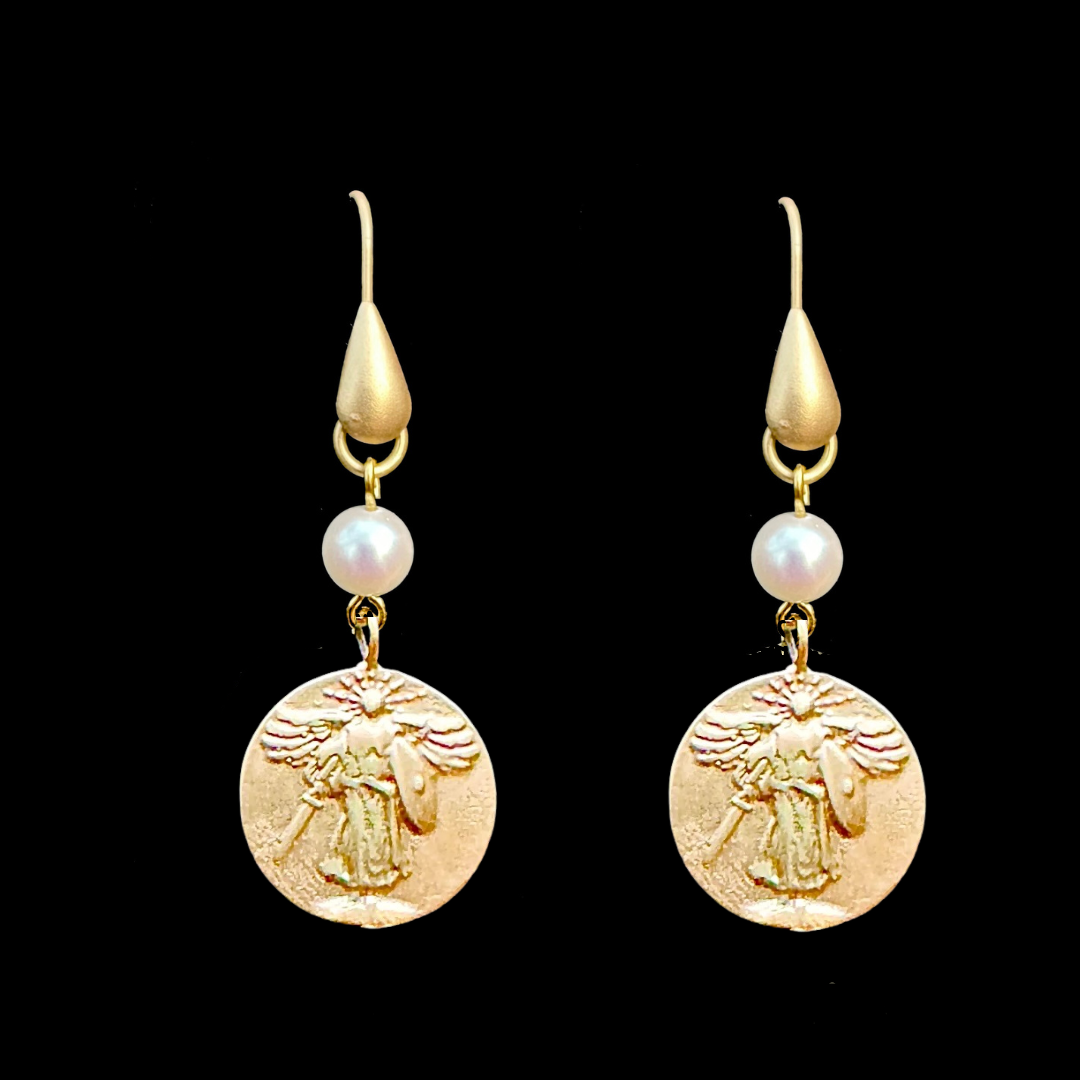 Petite Saint Michael the Archangel Freshwater Pearl Earrings - Gold