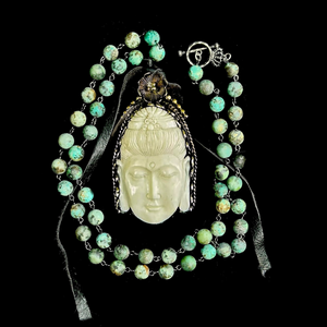 Limited Edition  Carved Repousse Silver Buddha in African Turquoise  Necklace