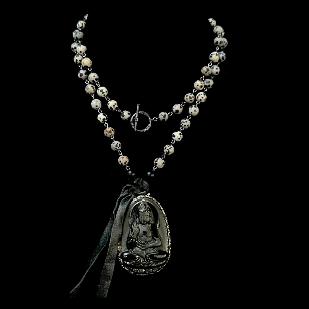 Limited Edition Carved Repousse  Buddha in Dalmatian Jasper Necklace