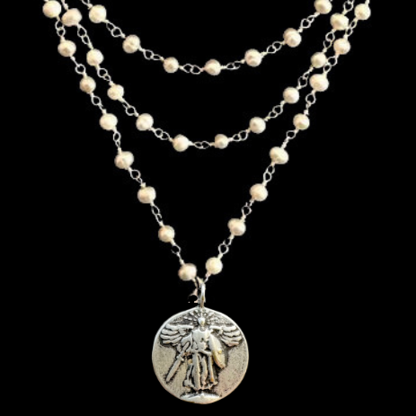 Petite Saint Michael Peace Angel Trinity Freshwater Pearl Necklace - Silver