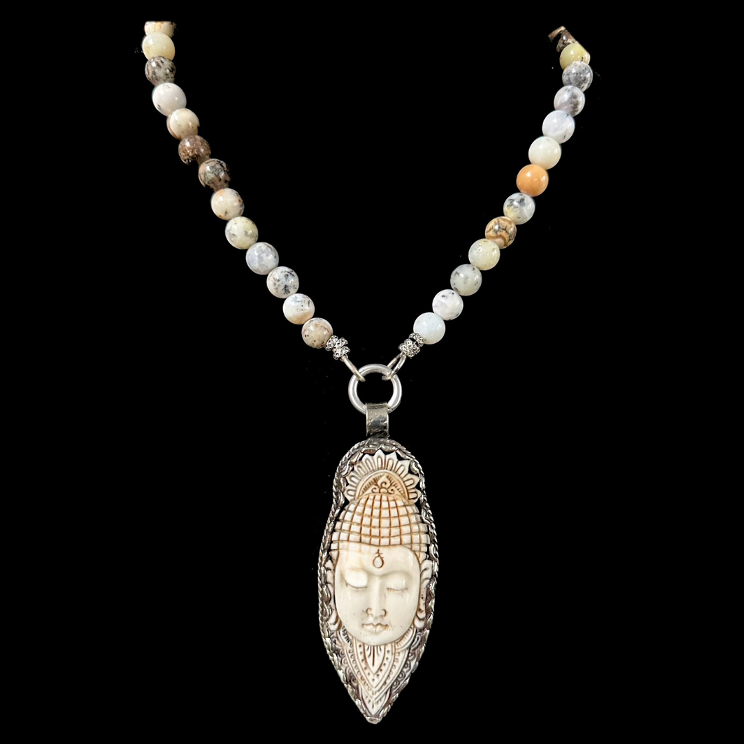 Last One! Limited Edition  Carved Repousse Tibetan Silver Siddhartha Dendritic Opal Necklace