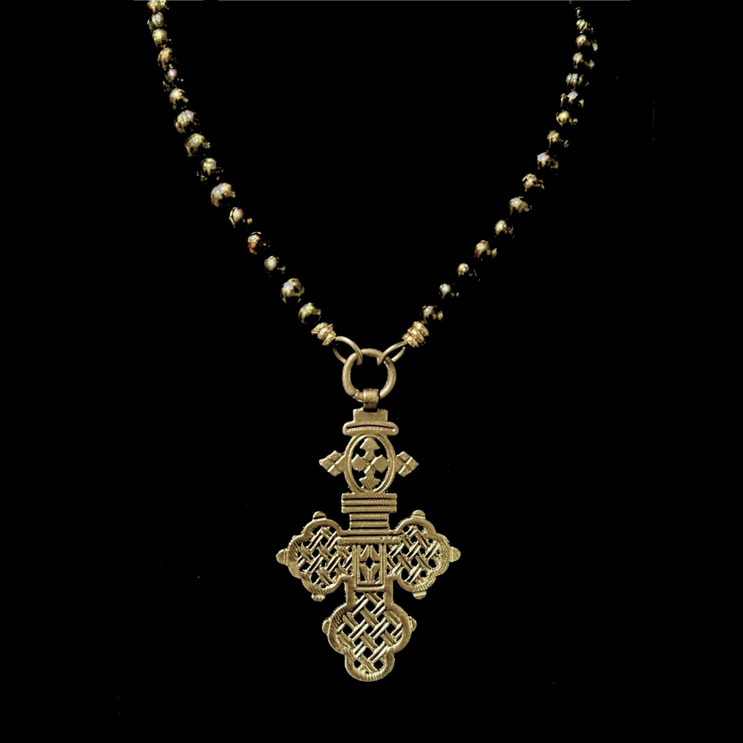 Alexandria Coptic Cross Necklace in Faceted Olive Pearls