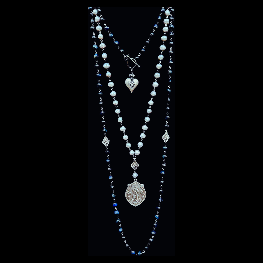 Blue Tiger Eye Sacred Heart Necklace - Silver