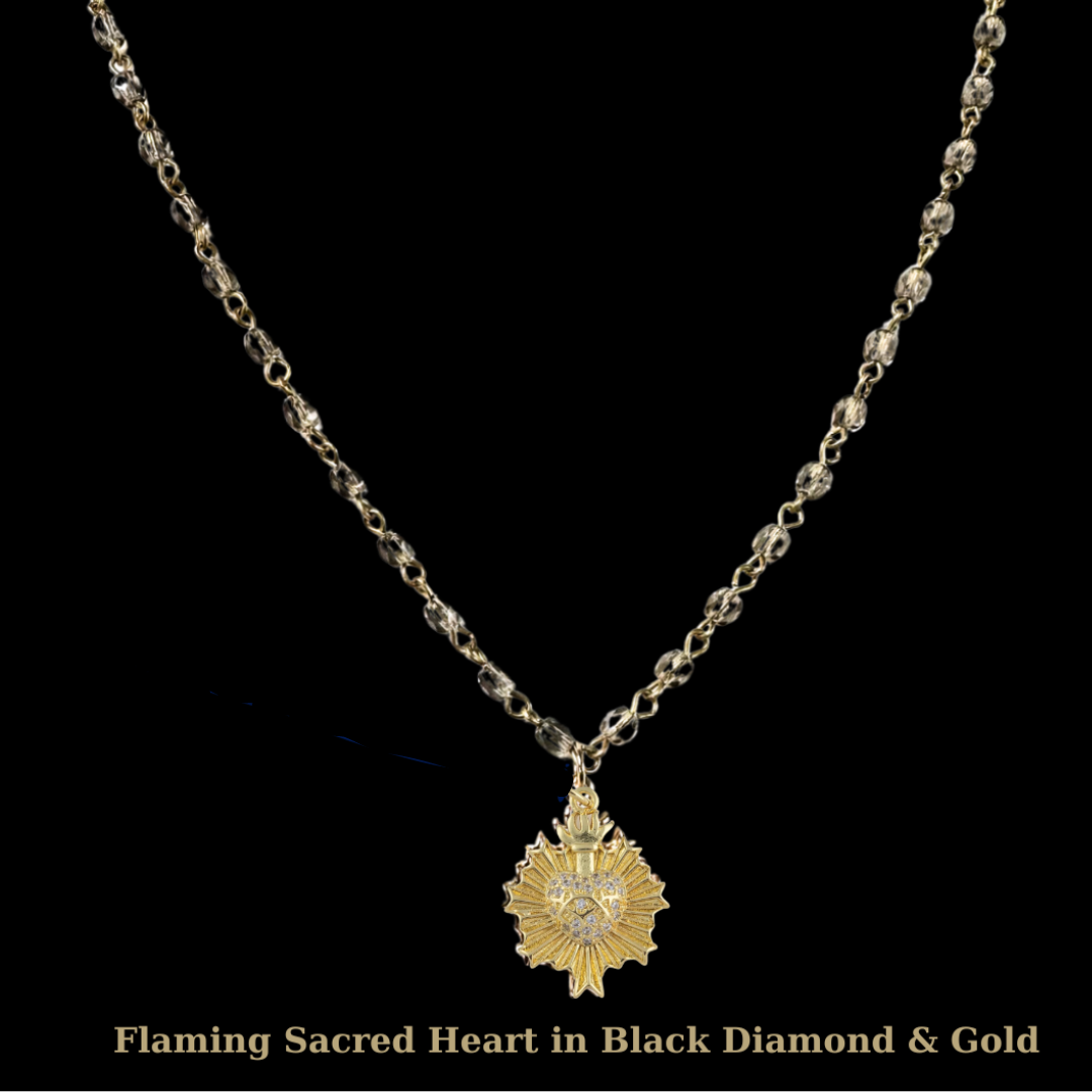 Flaming Sacred Heart Necklace in Black Diamond & Gold by Whispering Goddess