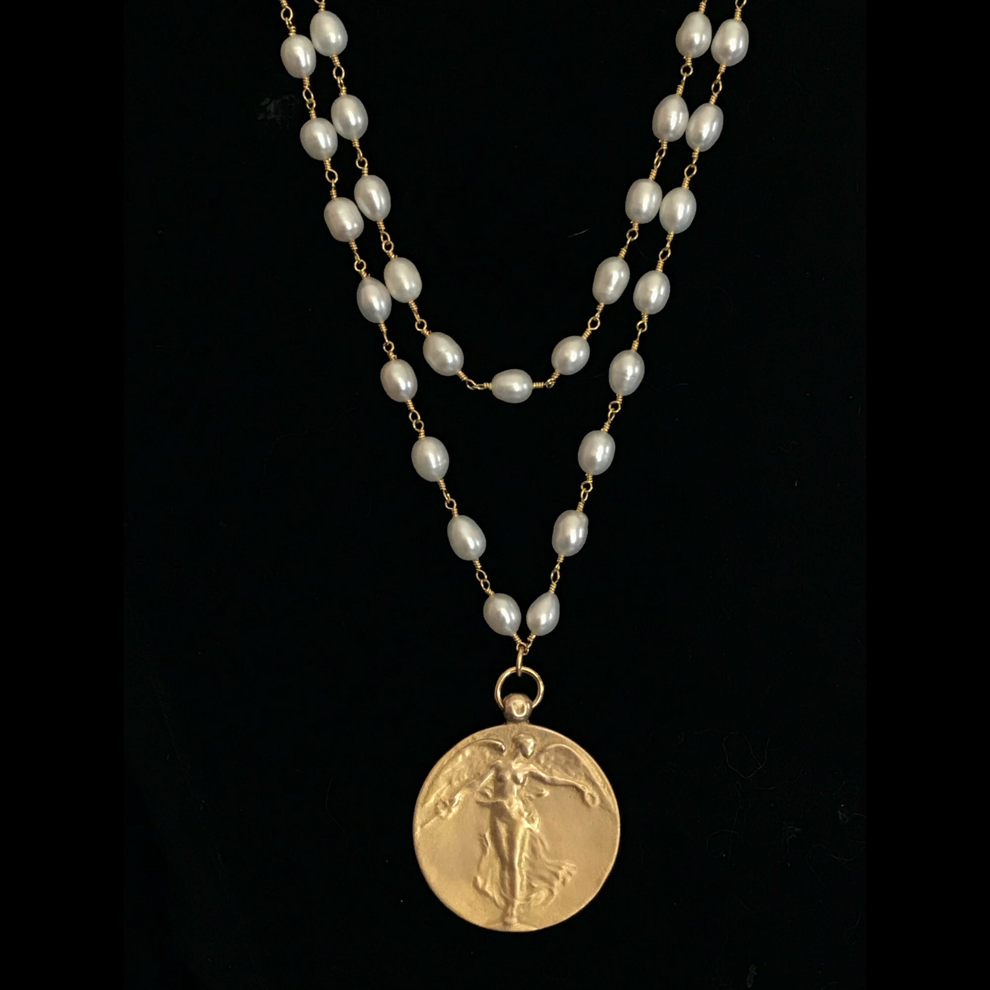 Peace Angel Trinity Necklace in Freshwater Pearls & Gold by Whispering Goddess