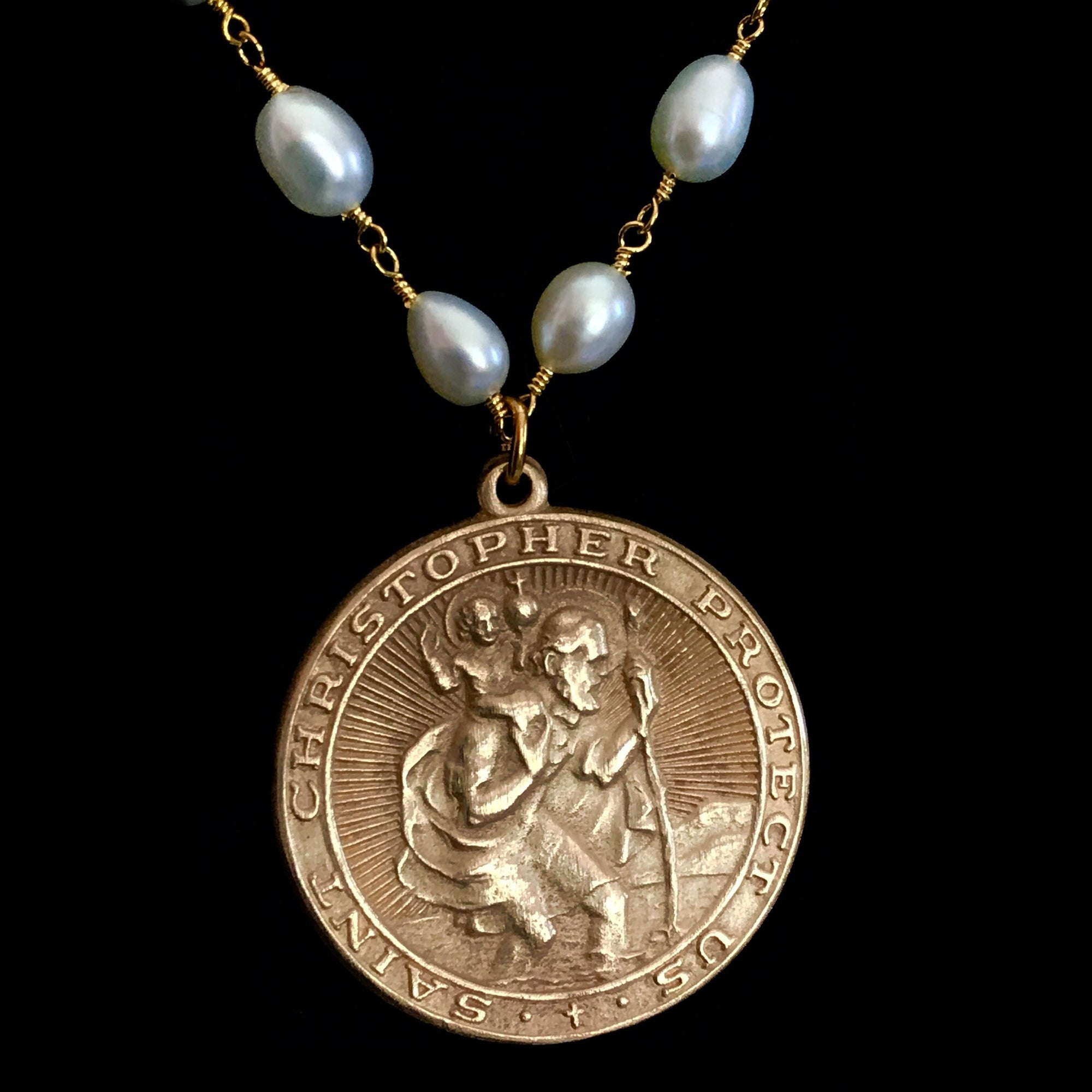 Saint Christopher Trinity Necklace in Freshwater Pearls & Gold by Whispering Goddess