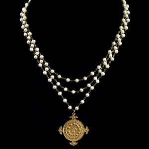 Notre Dame de Lourdes Trinity Necklace Freshwater Pearl & Gold by Whispering Goddess