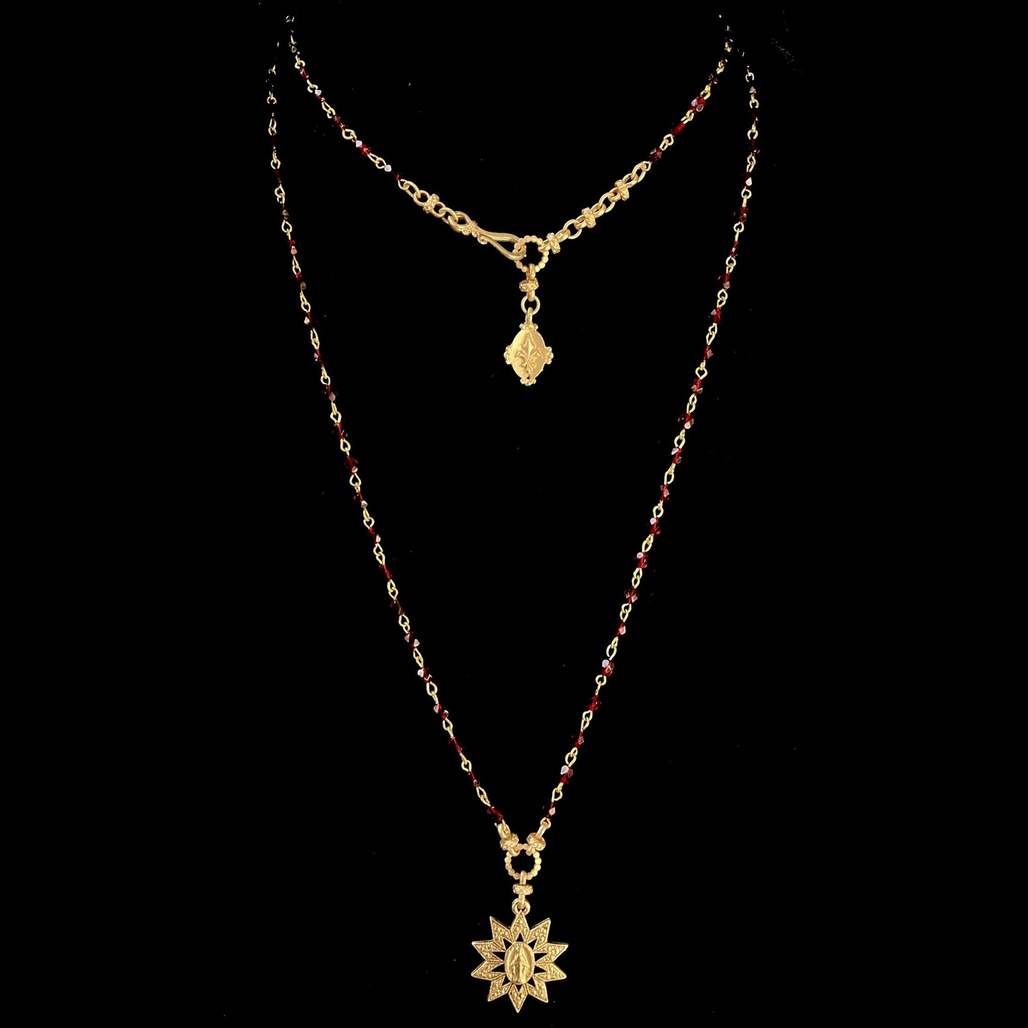 Forgotten Graces "Miraculous Rays" Medal in Garnet and Gold Necklace