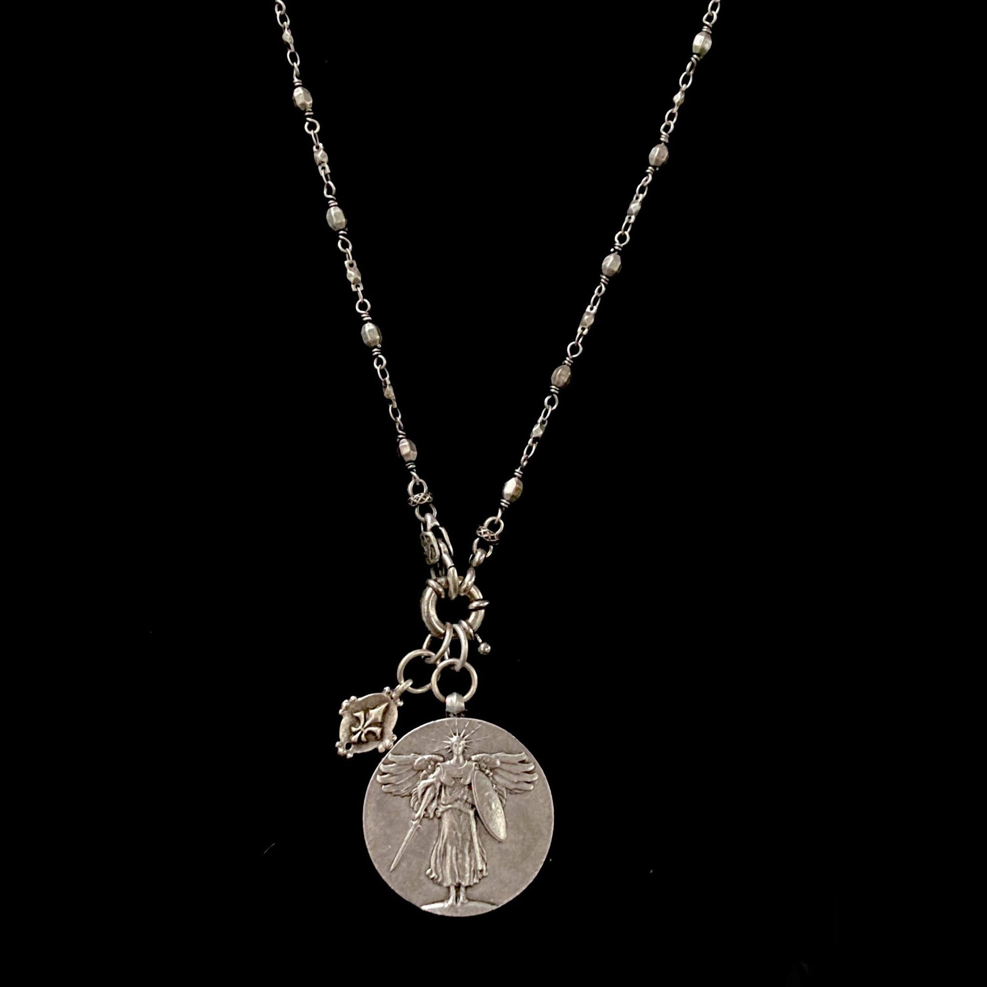 Saint Michael with Tiny Fleur de Lis   Bead  Chain Necklace  Silver
