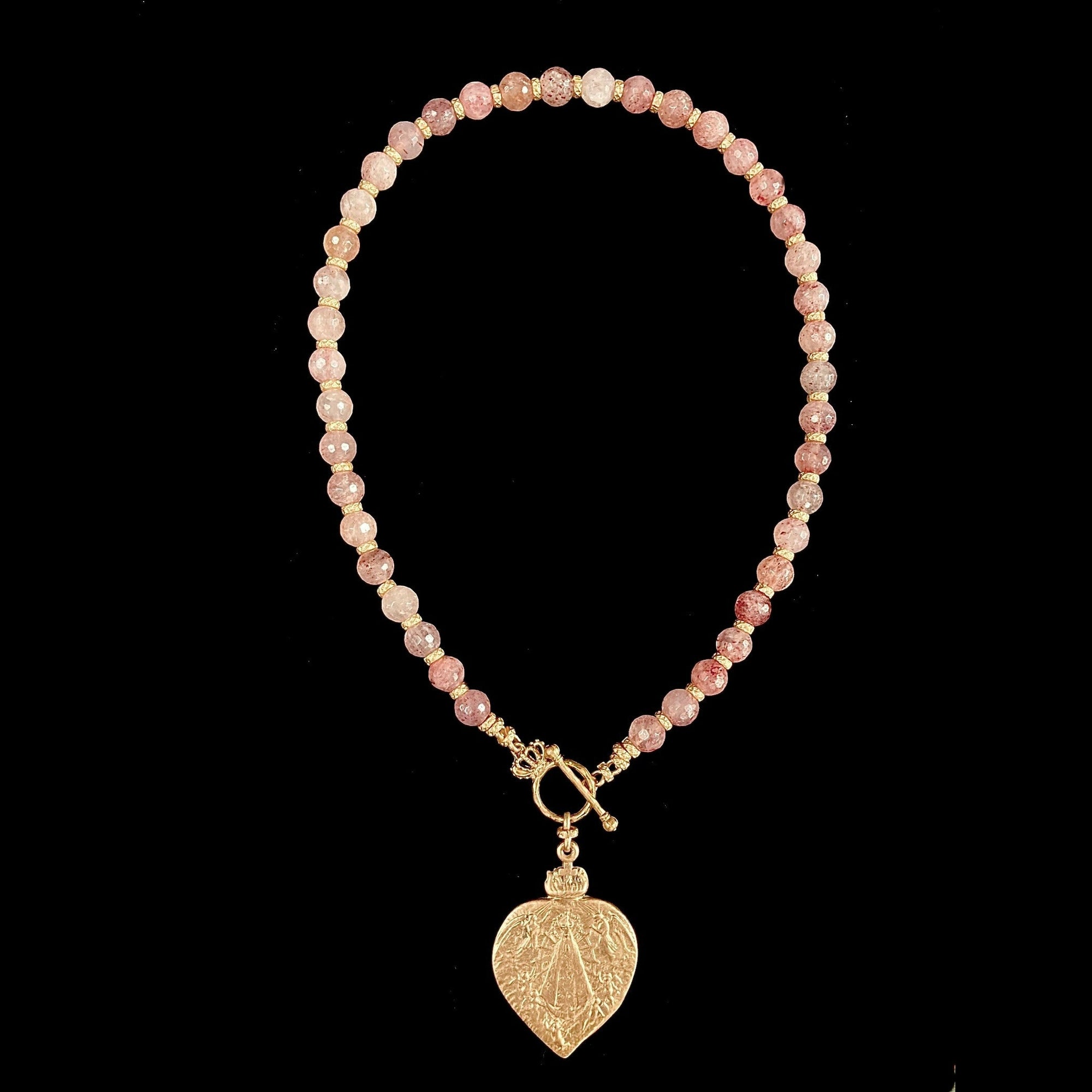 Sacred Heart Lujan Necklace in Raspberry Quartz & 22KT Matte Gold  by Whispering Goddess