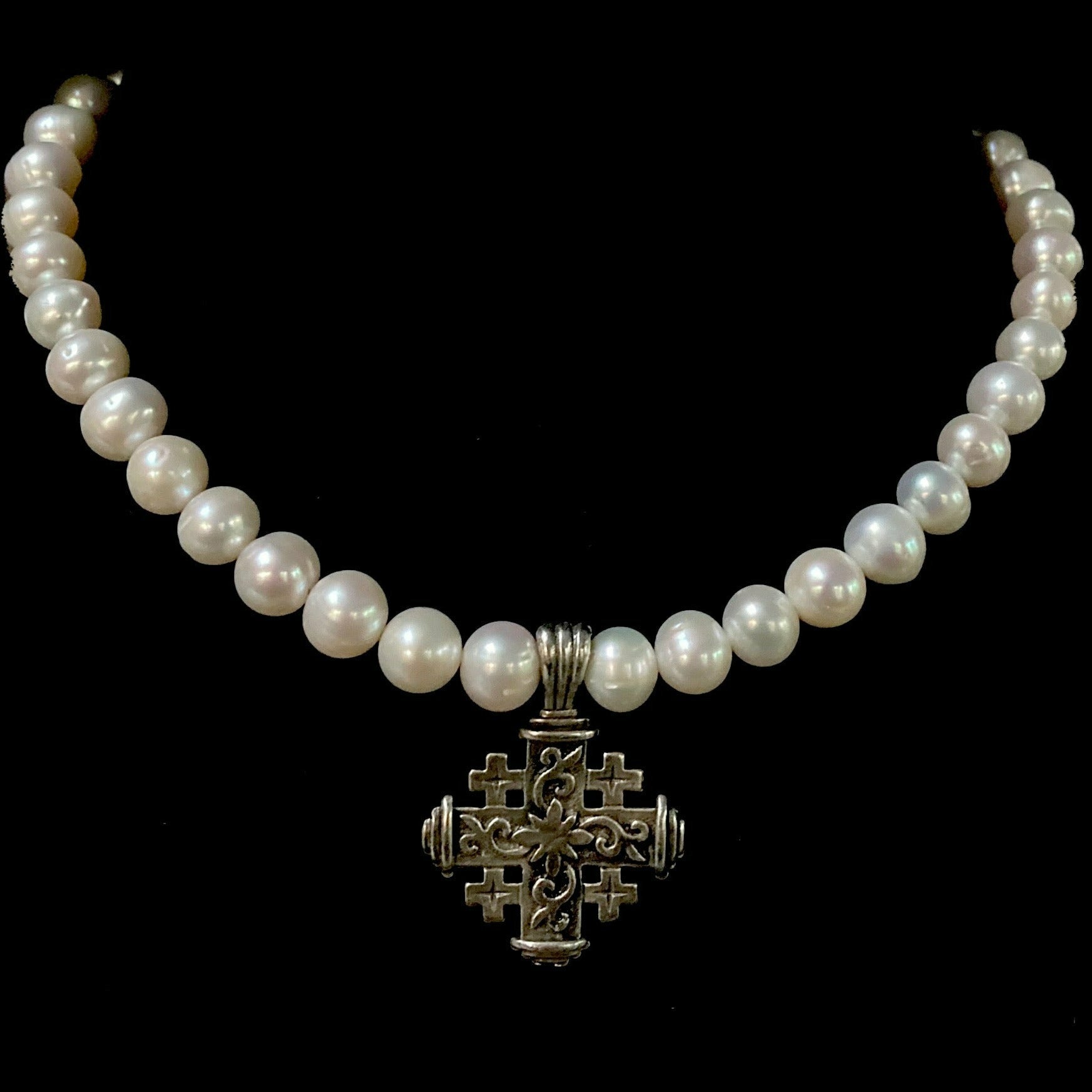 Pilgrim's Cross Freshwater Pearl Choker Necklace - Silver