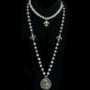 Moonglow Saint Joan of Arc Bravery Silver Freshwater Pearl with Fleur de Lis Necklace  - Sterling Silver