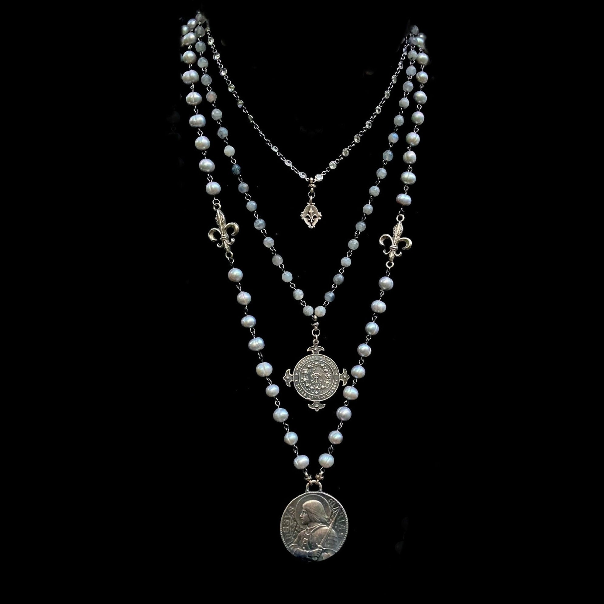 Moonglow Triple Strand Lourdes Illumination Bravery Necklace by Whispering Goddess