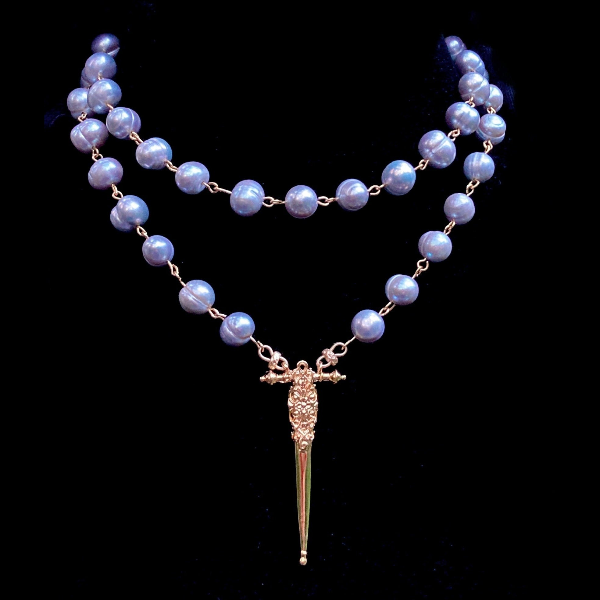 Golden Moonglow Fierbois Sword in Silver Freshwater Pearls & Gold Vermeil