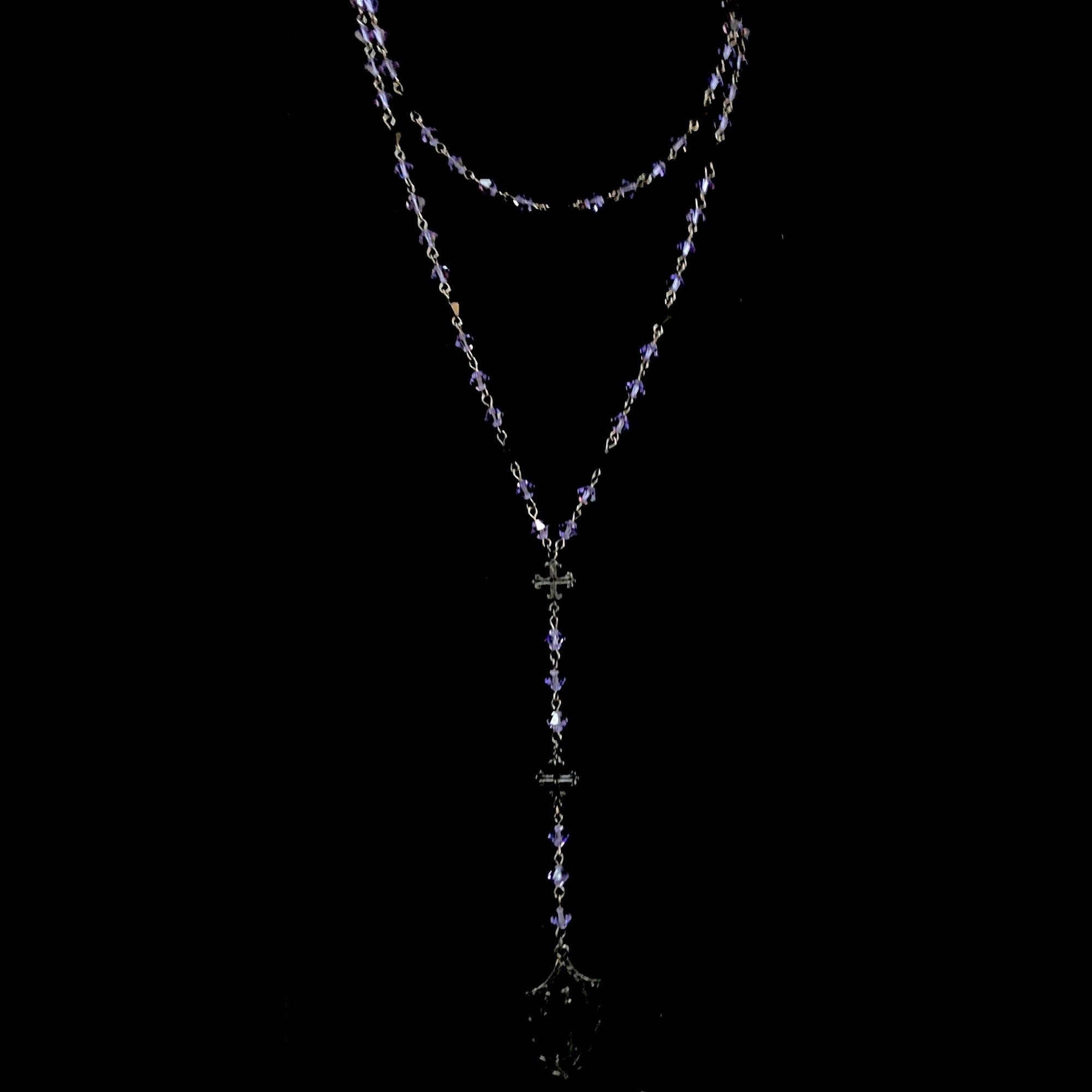 Black Madonna Triple Cross Drop Necklace in Amethyst Bicone Crystals and Gunmetal