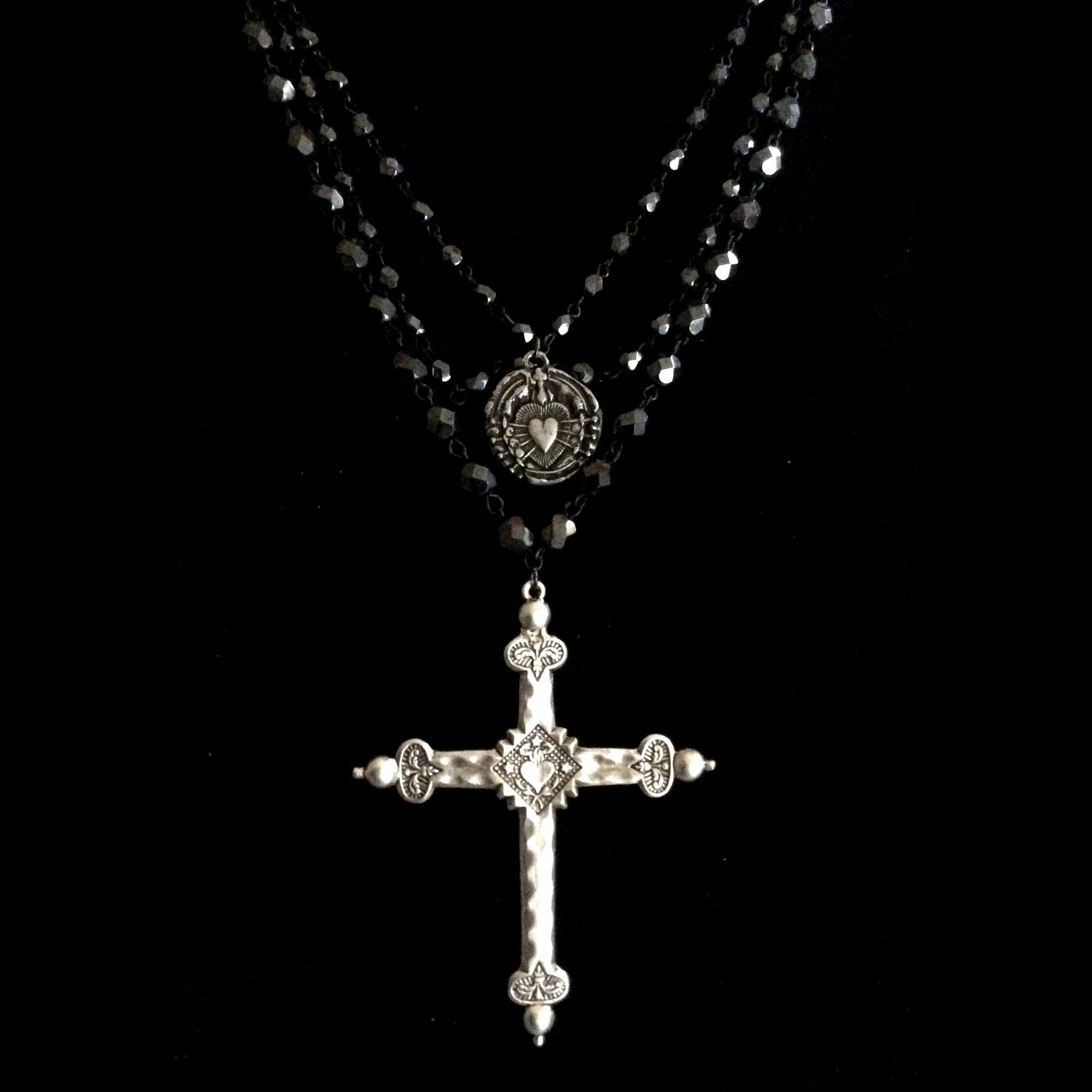 Sacred Heart Cross with Seven Sorrows Medallion on Hematite Strands Necklace by Whispering Goddess