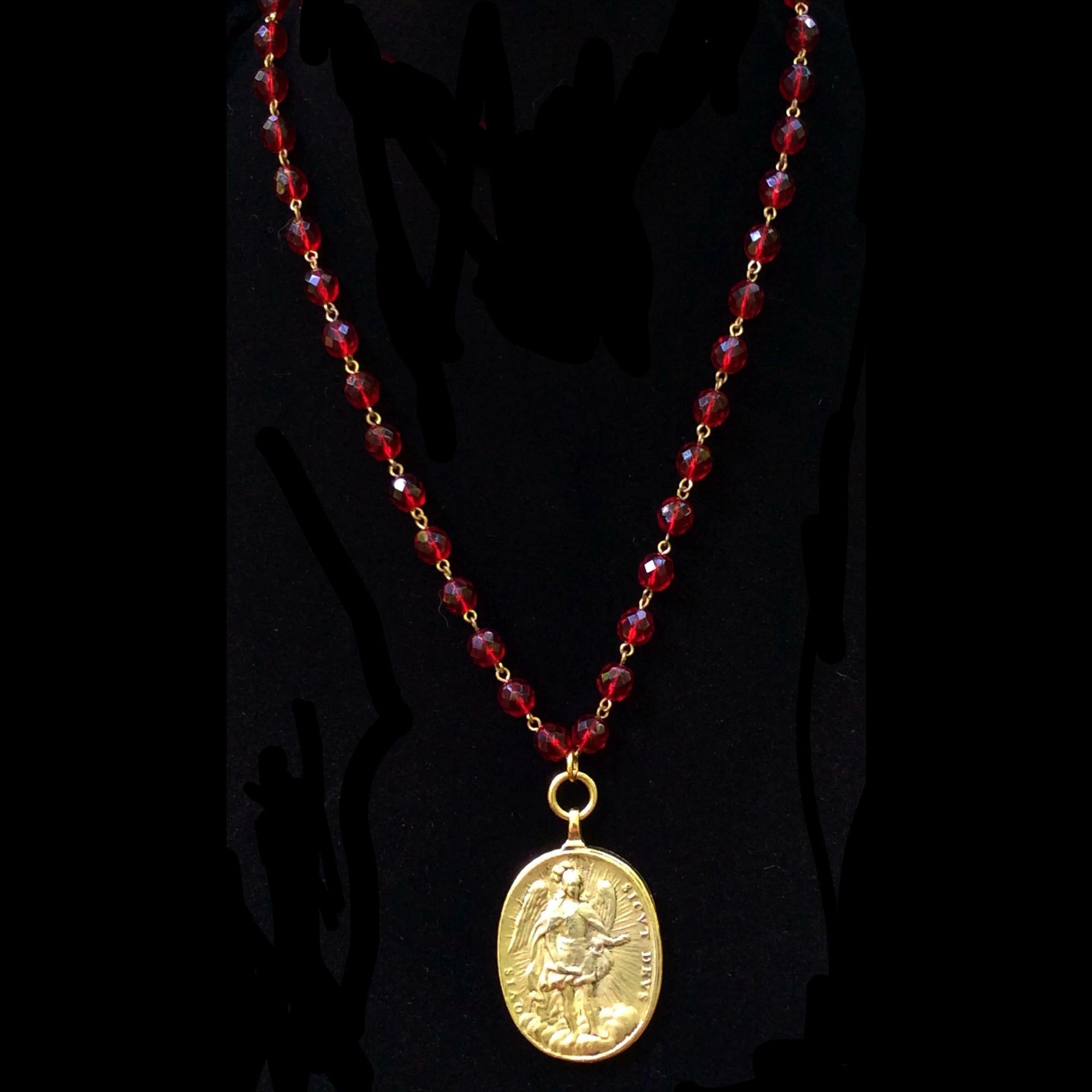 Cristo Rey Necklace with Our Lady of Guadalupe & Saint Michael in Garnet & Gold