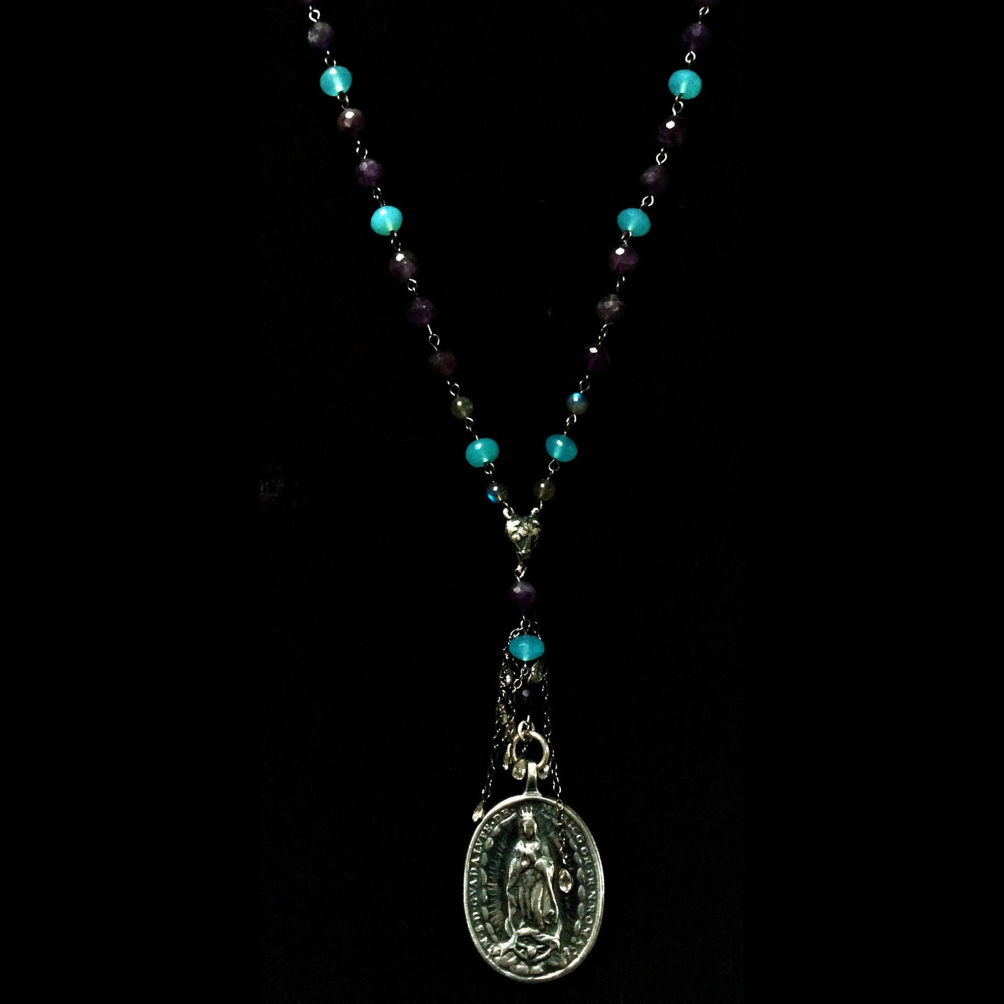 Sterling Silver Cristo Rey Rosary Necklace with Guadalupe & Saint Michael Amethyst & Chrysoprase