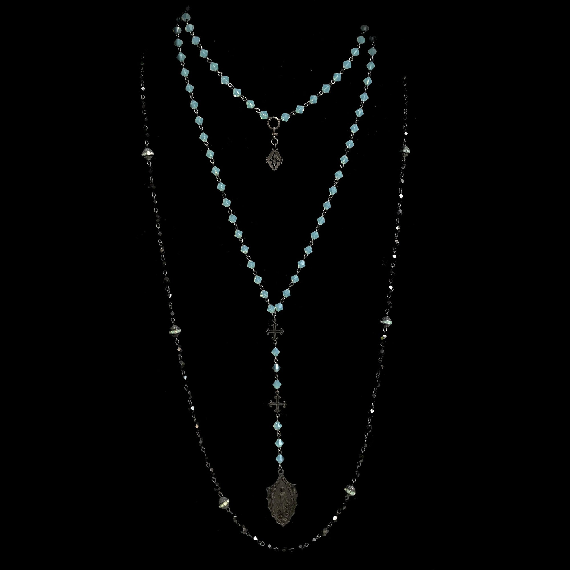Black Madonna Triple Cross Drop Necklace in Pacific Opal and Gunmetal