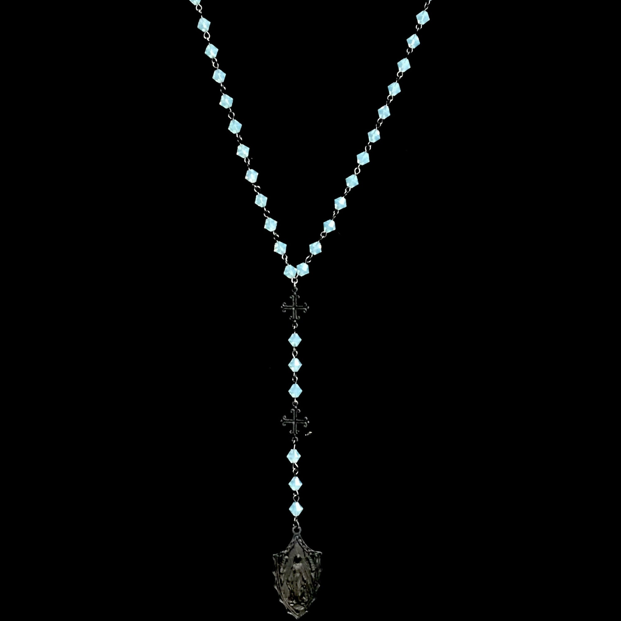 Black Madonna Triple Cross Drop Necklace in Pacific Opal and Gunmetal
