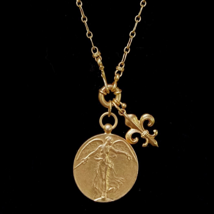 Wisdom Chain Peace Angel with Fleur de Lis Chain Necklace  Gold