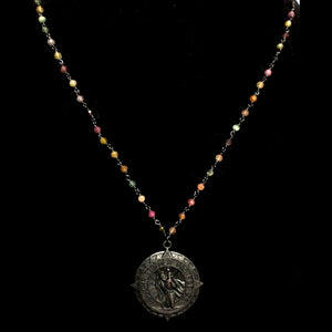 Forgotten Graces Black Saint Christopher Four Directions Medal in Watermelon Tourmaline & Gunmetal Necklace