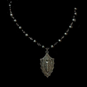 Forgotten Graces Miraculous Medal in Gunmetal and Faceted Black Jasper Necklace