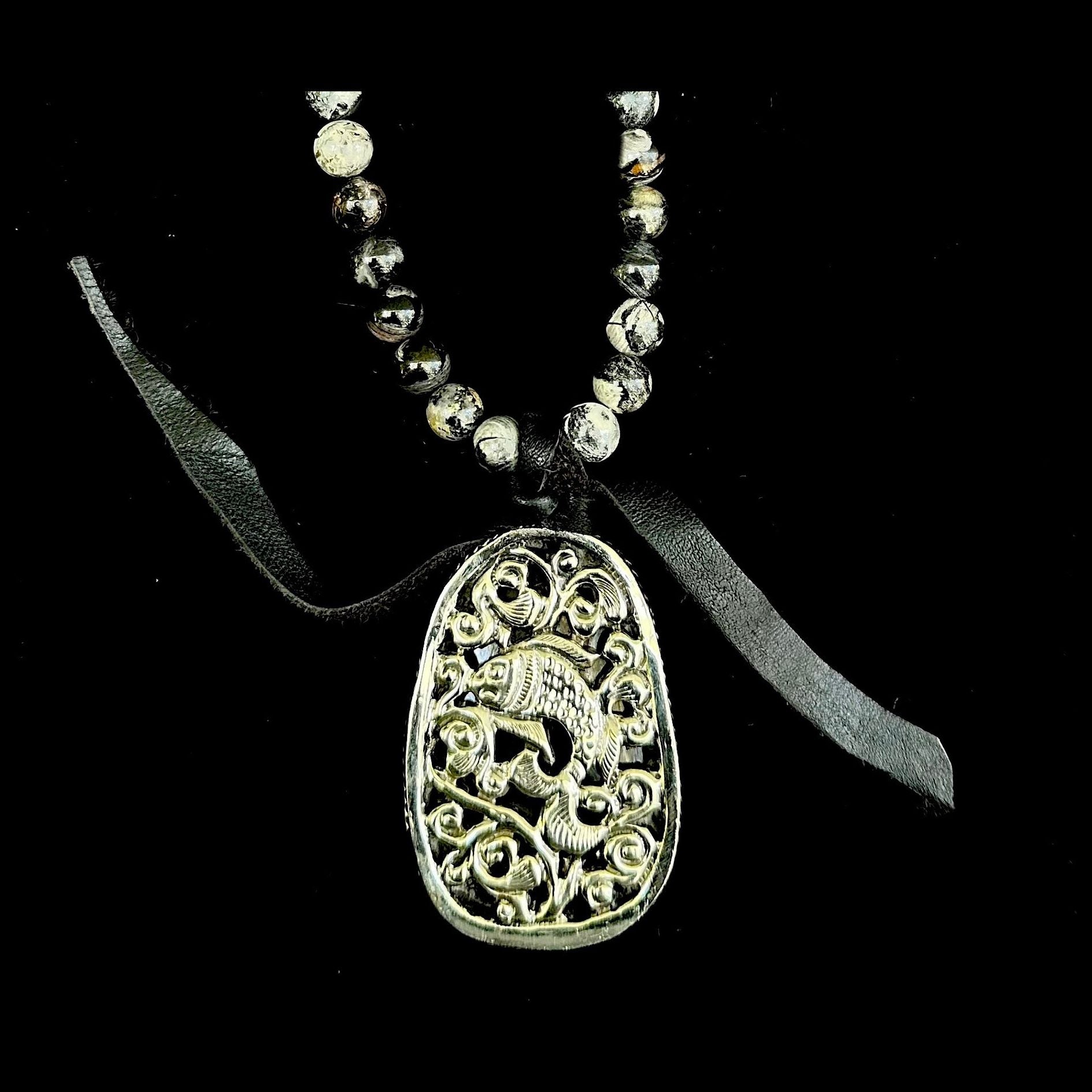 Limited Edition Carved Repousse White Tara in Black Obsidian & Silver Leaf Jasper Necklace