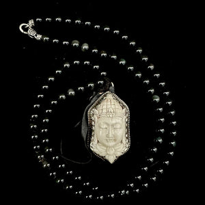 Limited Edition Carved Repousse Silver Buddha in Black Rainbow Obsidian Necklace