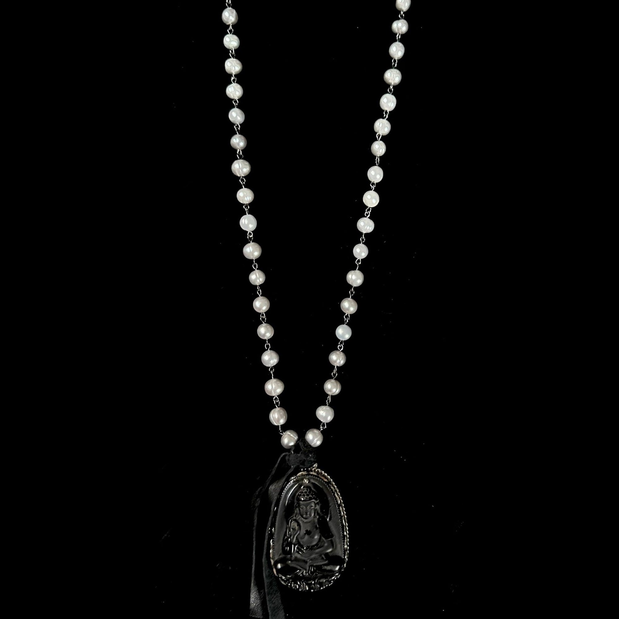 Limited Edition Carved Repousse  Buddha in Black Obsidian & Moonglow Pearl Necklace