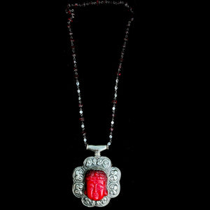 One of a Kind  Repousse Silver Red Buddha with Red Cathedral Beads & Crystals Necklace