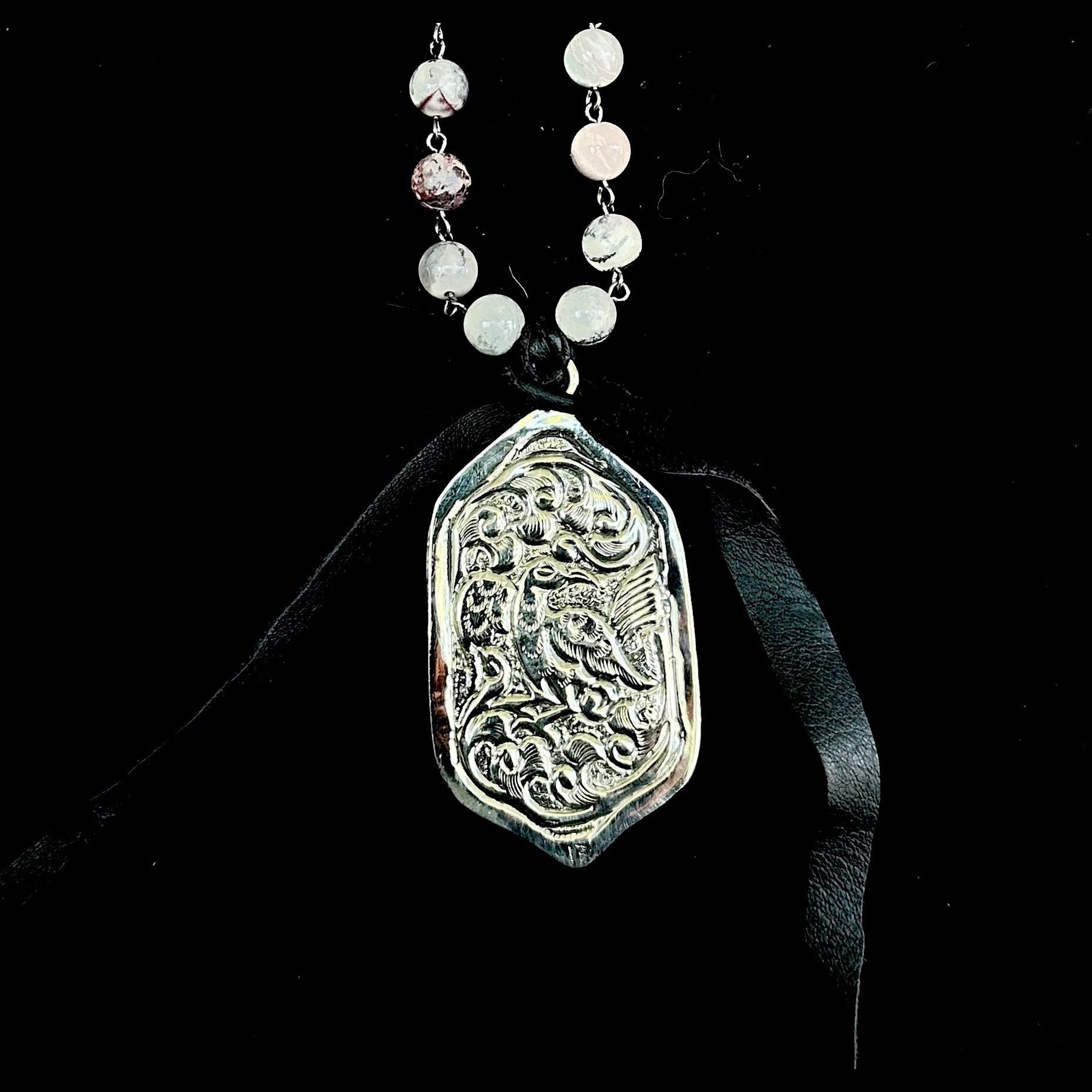 Limited Edition Carved Repousse Silver Buddha in Porcelain Jasper Necklace
