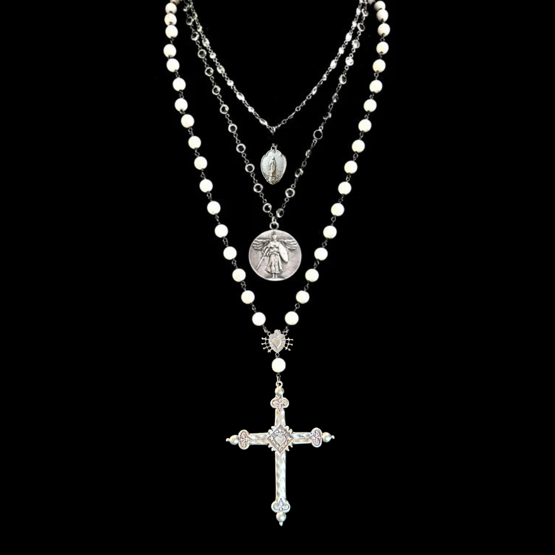 Illumination Sacred Heart Cross  with St. Michael & Mary  White Turquoise Necklace by Whispering Goddess