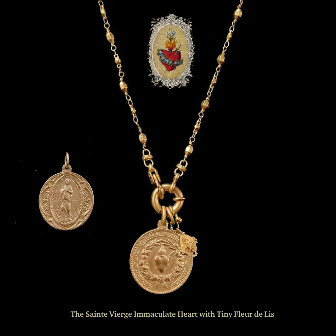 Sainte Vierge Immaculate Heart with Tiny Fleur de Lis Bead Chain Necklace - Gold