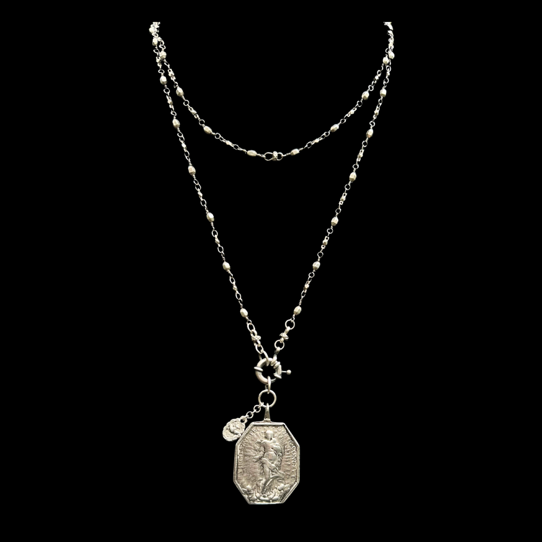 Saint Francis of Assisi Pax et Bonam  Bead Chain Necklace - Silver