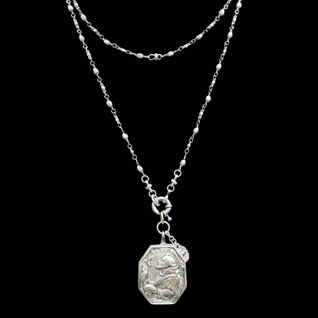 Saint Francis of Assisi Pax et Bonam  Bead Chain Necklace - Silver