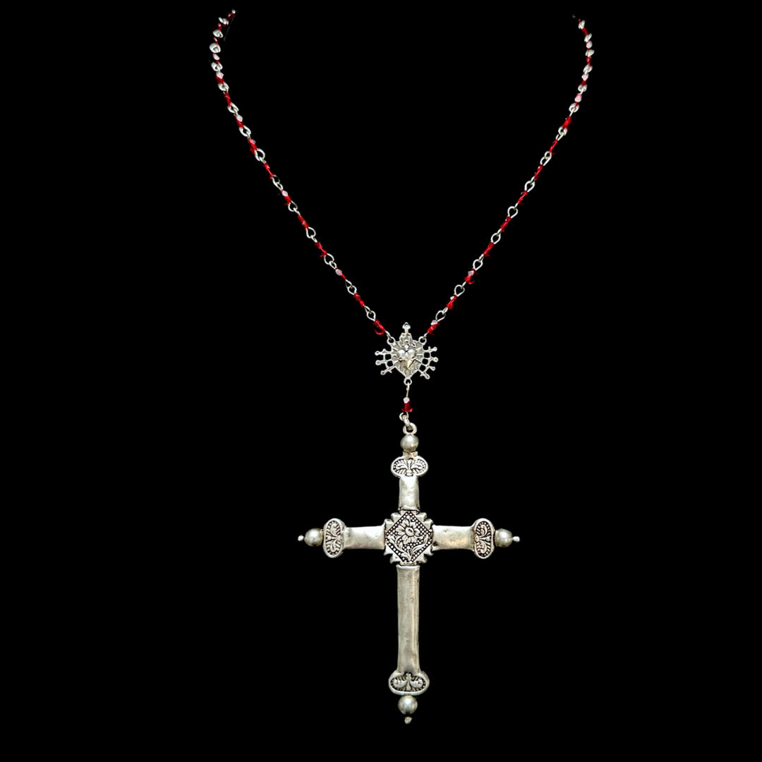 Raphaela Sacred Heart Cross Rosary in Garnet & Silver Necklace