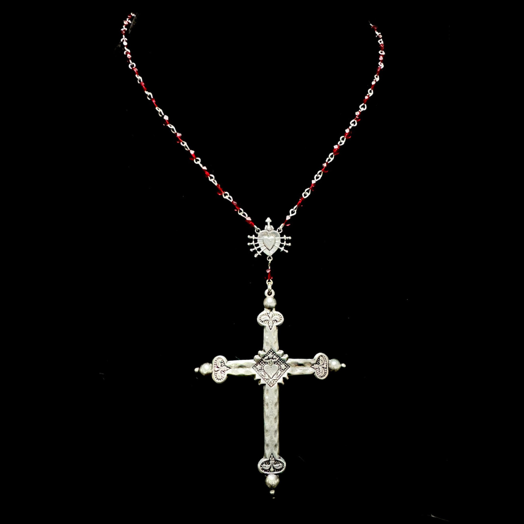 Raphaela Sacred Heart Cross Rosary in Garnet & Silver Necklace