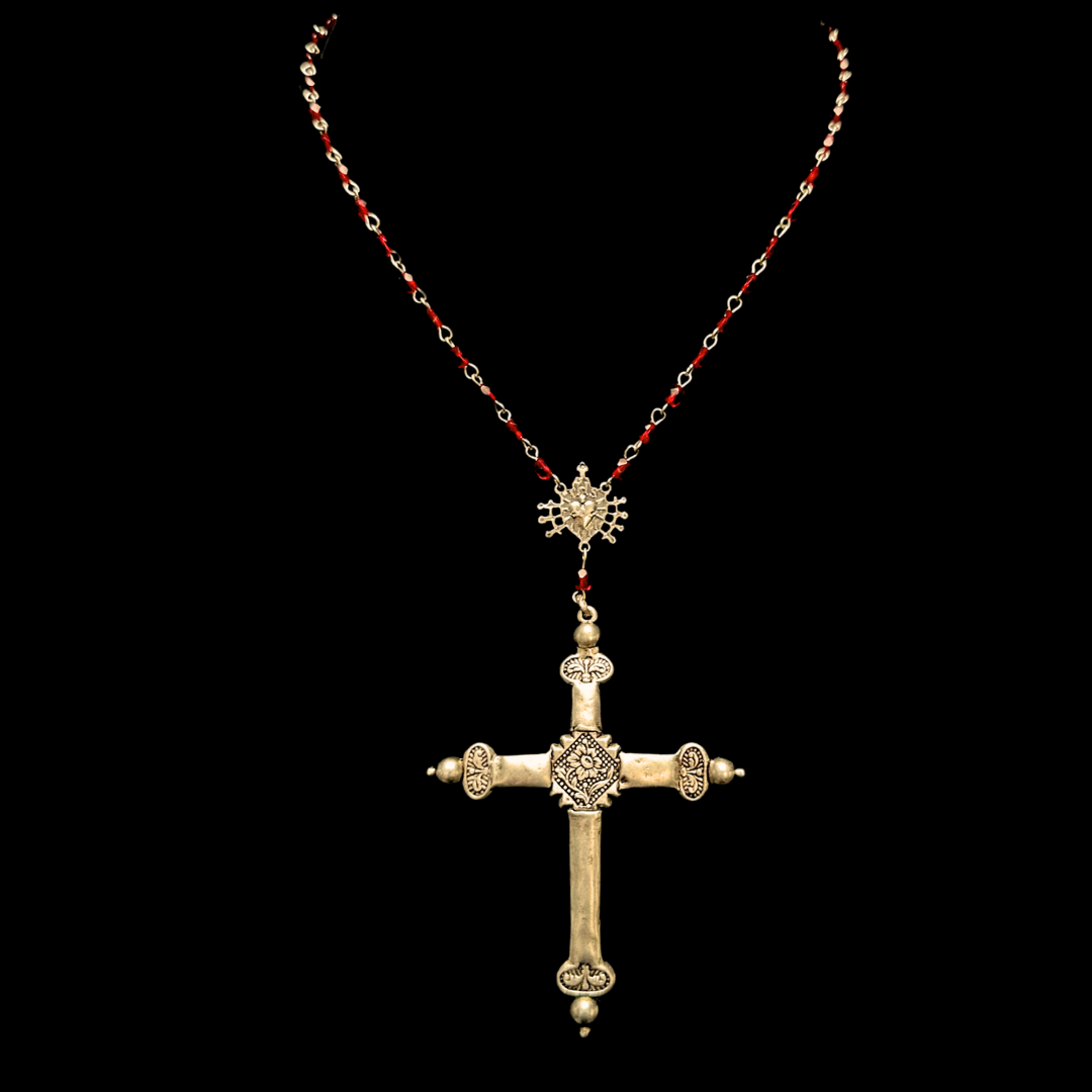 Raphaela Sacred Heart Cross Rosary in Garnet & Gold Necklace