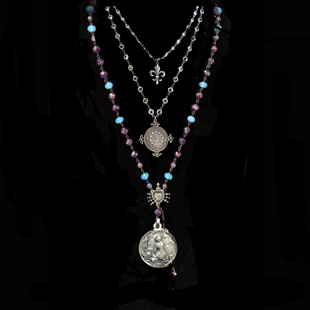 The Majestic Mary Magdalene at la Sainte-Baume in Amethyst Necklace with the Lourdes Illumination Necklace