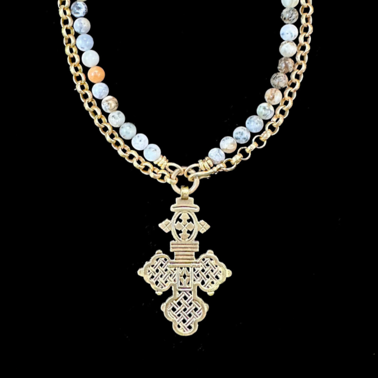 Alexandria Coptic Cross Necklace in Dendritic Opal