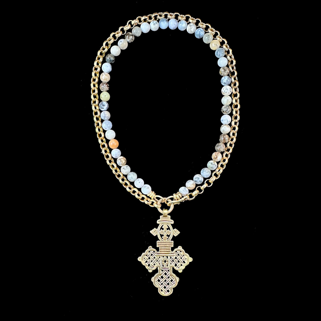 Alexandria Coptic Cross Necklace in Dendritic Opal