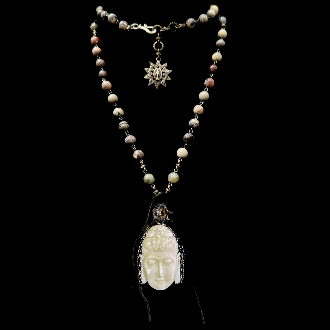 Limited Edition Carved Repousse Silver Buddha in Porcelain Jasper Necklace