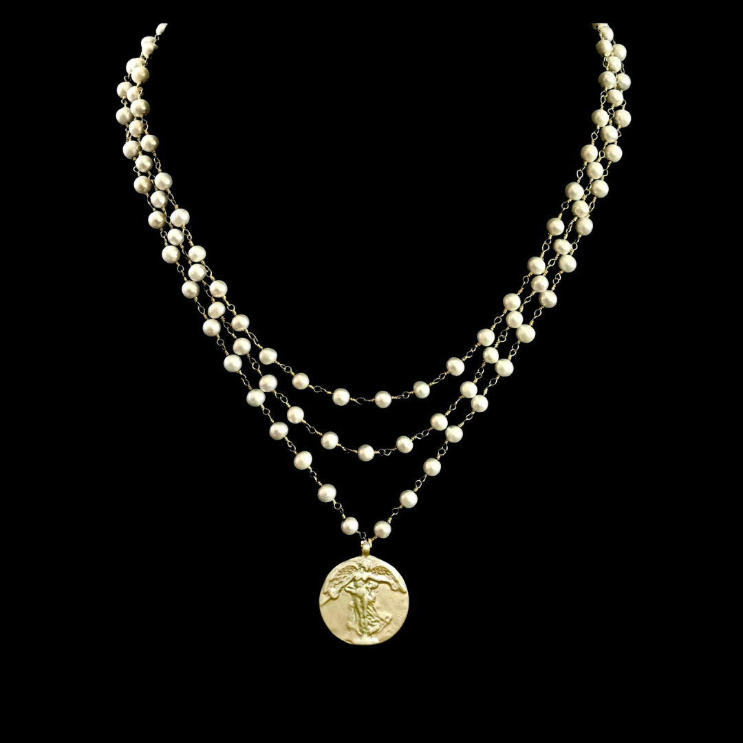 Petite Peace Angel Trinity Freshwater Pearl Necklace - Gold